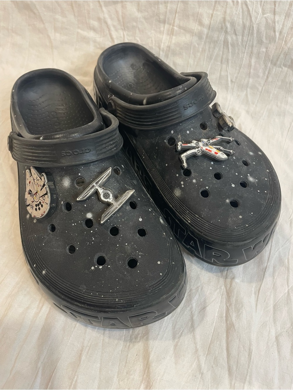 Crocs Star Wars Platform Clogs Black Galaxy Jibbitz Men 7 Women 9